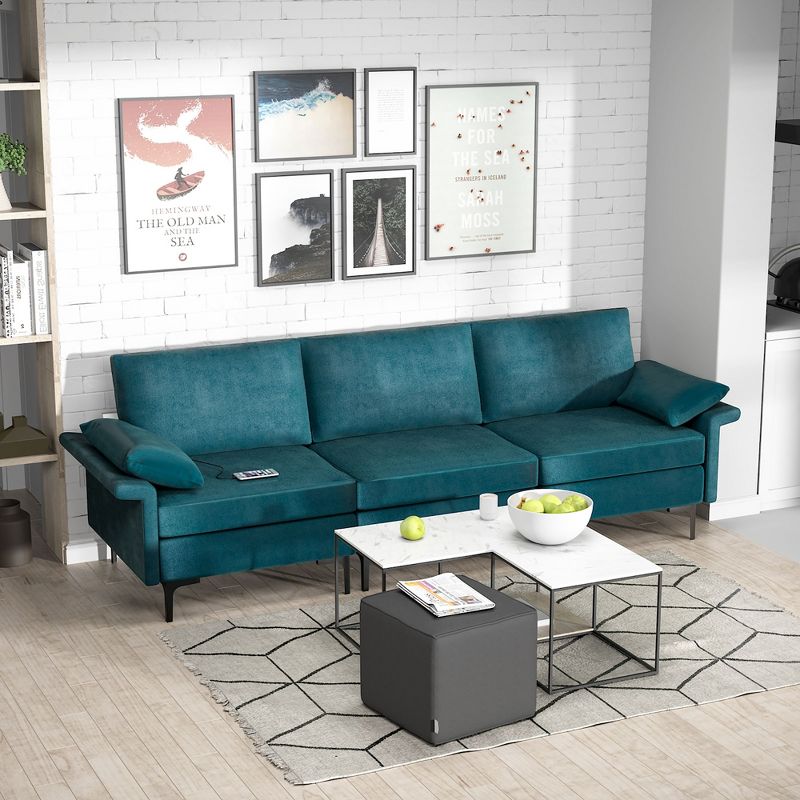 Costway Modern Modular Fabric 3-Seat Sofa Couch with Socket USB Ports & Metal Legs Grey/Blue, 2 of 11