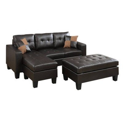 Bonded Leather All In One Sectional with Ottoman and 2 Pillows Brown - Benzara