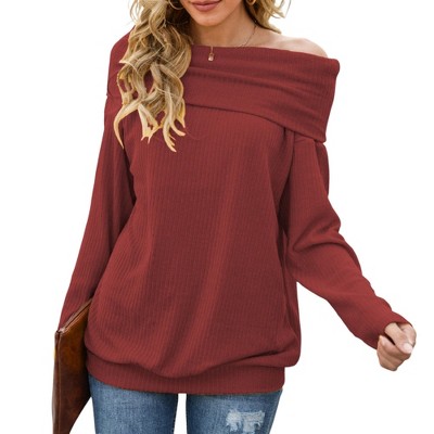 Anna-Kaci Women's Off Shoulder Ribbed Knit Long Sleeve Pullover Top