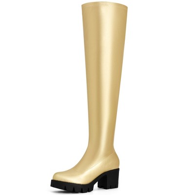 BLISSFUL STEP Platform Lug Sole Over the Knee Boots Round Toe Thigh High Chunky Heels Boots for Women
