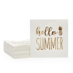 Blue Panda 50-Pack Hello Summer Disposable Cocktail Paper Napkins with Pineapple Gold Foil Party Supplies - 1 of 4