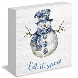 Let Snow Sign, Chinoiserie Blue and White Snowman Christmas Wooden Box Sign, Grandmillennial Home Decor - 1 of 4