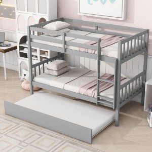 Sapphtopaz Space-Saving Twin over Twin Bunk Bed with Ladder & Safety Guardrails, Rubber Wood Bed Frame with Trundle, Convertible into Twin Size Beds - 1 of 4