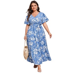 BLUEMING Plus Size Womens Dresses Floral Surplice A-Line Maxi Dress Waist Belted Floral Maxi Dress Wasit Tie Bell Sleeve Dress - 1 of 4