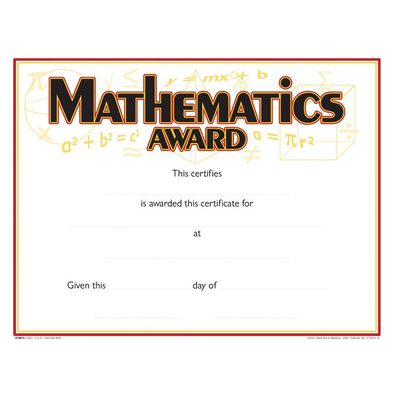 Hammond & Stephens Raised Print Mathematics Recognition  Award, 11 x 8-1/2 inches, pk of 25, 1 of 2