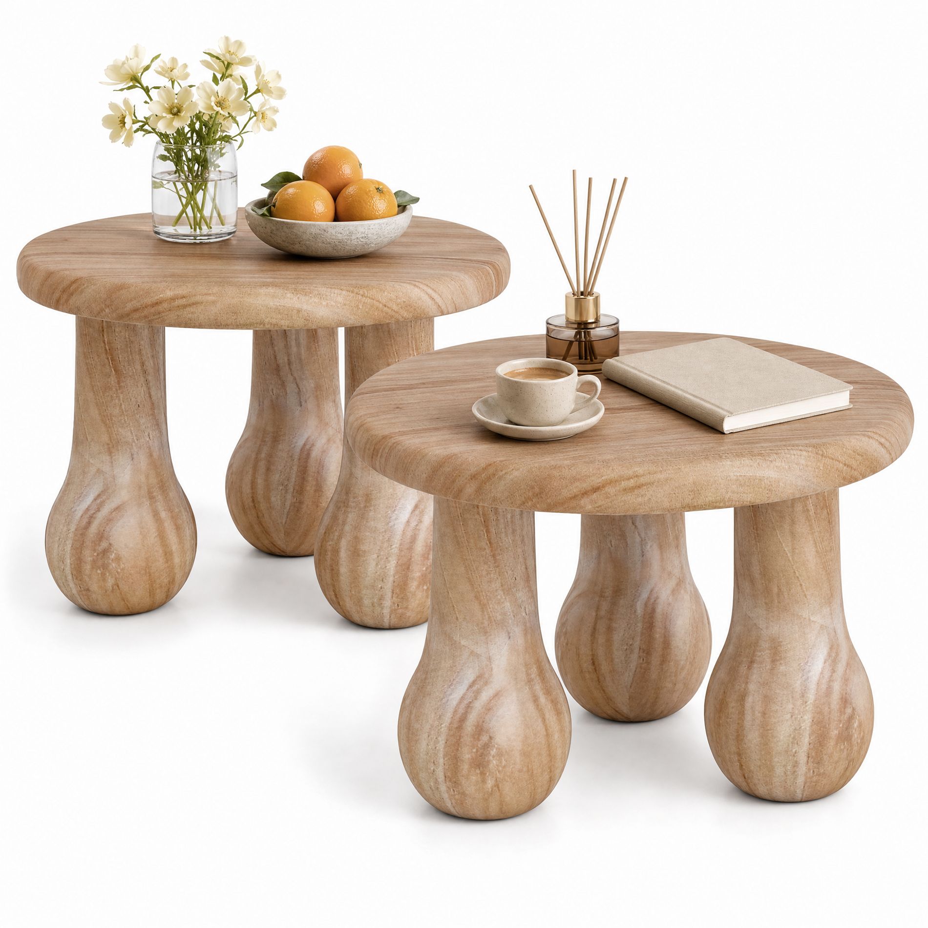 Gymax 2PC 24" Modern Round Accent Table Small Solid Mahogany Wood Coffee Table with Thickened Top & Column Legs Indoor Outdoor Side Table