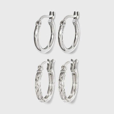 Women's Sterling Silver Tube and Square Cut Hoop Earring Set 2pc - A New Day™ Silver