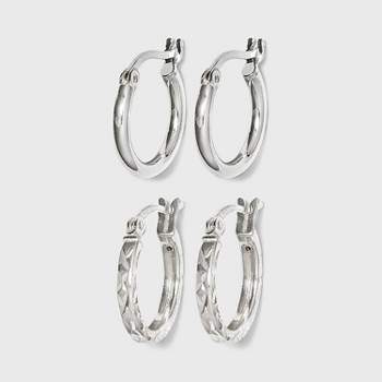Sterling Silver Tube and Square Cut Hoop Earring Set 3pc - A New Day™ Silver