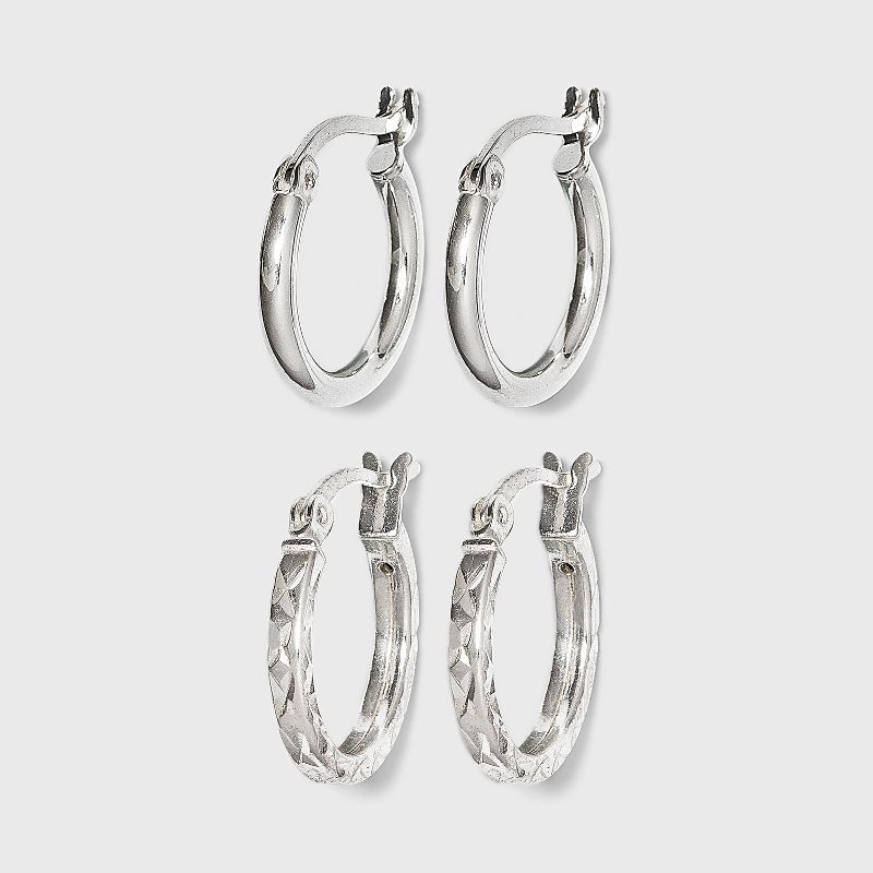 Sterling Silver Tube and Square Cut Hoop Earring Set 3pc - A New Day&#8482; Silver, 1 of 3