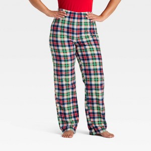Women's Plaid Microfleece Holiday Matching Family Pajama Pants - Wondershop™ Cream - 1 of 4
