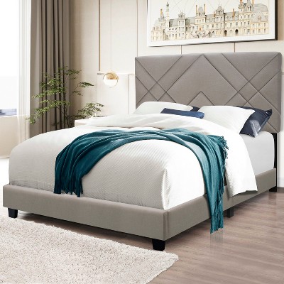Queen Size Upholstered Platform Bed with Height-adjustable Headboard, Beige/Gray/Green, 4W -ModernLuxe