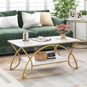 Costway Coffee Table Modern Marble 2-Tier Coffee Table  Gold Rectangle for Living Room - 1 of 4