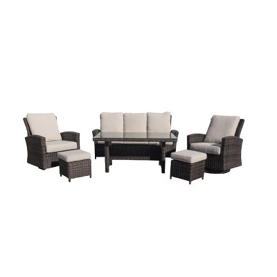 Courtyard Casual Cheshire Recline 6 pc Sofa & Swivel Glider Set Chow Dining with Ottomans