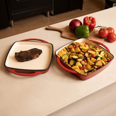 Red Enameled Cast Iron 2-in-1 Dutch Oven and Skillet Set