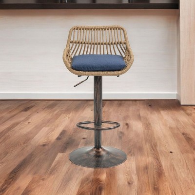 Alilang 19.29 inches Adjustable Rattan Bar Stool with Swivel Base and Cushioned Seat-Blue