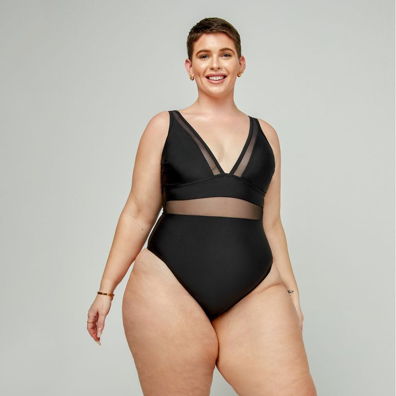 Women's Plus Size V Neck Mesh Sheer One Piece Swimsuit -Cupshe, 3 of 8