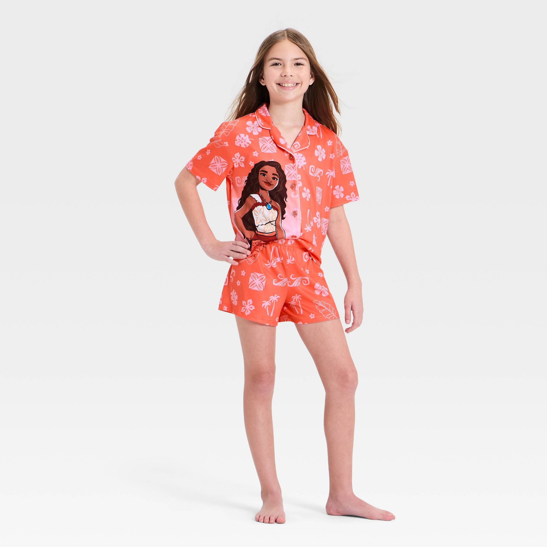 Girls' Moana Short Sleeve Button-Up Pajama Set - Coral
