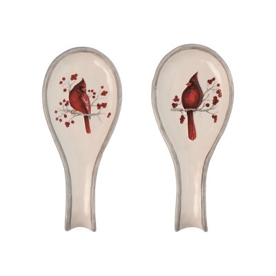 Transpac Dolomite Birch Cardinal Spoon Rest Set of 2 Ceramic Red Tabletop Decor for Holiday Celebrations and Gift Giving