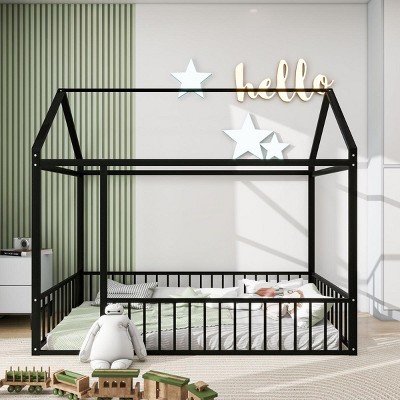 Streamdale Twin Size Metal Bed House Bed Frame with Fence, for Kids, Teens, Girls, Boys, Black