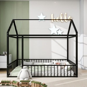 Streamdale Twin Size Metal Bed House Bed Frame with Fence, for Kids, Teens, Girls, Boys, Black - 1 of 4
