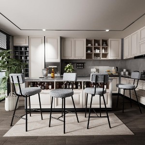 Upholstered Bar Stool Set of 2/4, Modern Counter Height Barstools with Round Seat, Bar Chair with Black Metal Legs, Back and Footrest - 1 of 4