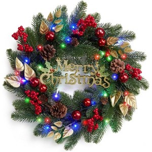 18 Inch Pre-Lit Christmas Wreath, Artificial Lighted Christmas Wreath with Pine Cones, Berry, 40 Colorful Lights, for Holiday Party Decorations - 1 of 4