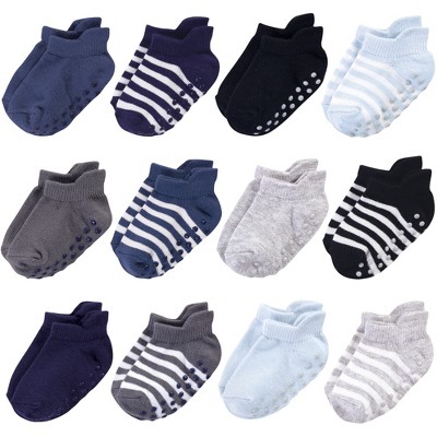 Touched by Nature Baby and Toddler Boy Organic Cotton Socks with Non-Skid Gripper for Fall Resistance, Blue Black