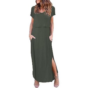Ekouaer Women's Nursing Dress Summer V Neck Short Sleeve Maternity Split Long Dresses for Breastfeeding with Pockets - 1 of 4
