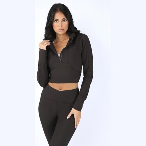 90 Degree By Reflex Womens Interlink Ribbed Half Zip Long Sleeve Crop Top  Jacket - Black - XS at  Women's Clothing store