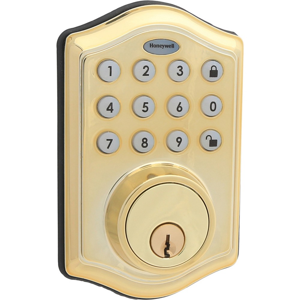 Honeywell Electronic Deadbolt- Polished Brass: Single Cylinder Door Lock, Steel & Plastic, Electric, Gold Finish