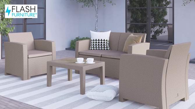 Flash Furniture 4 Piece Outdoor Faux Rattan Chair, Loveseat and Table Set in Light Gray, 2 of 4, play video