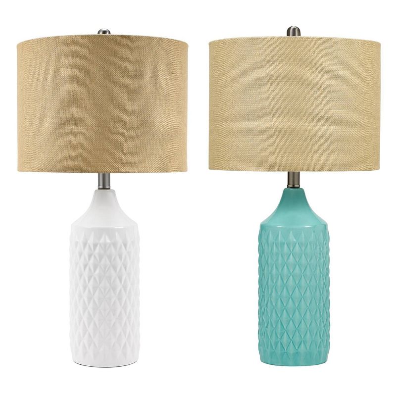 26.5&#34; Quilted Ceramic Table Lamp with Natural Linen Drum Shade Aqua Blue - Cresswell Lighting, 6 of 11