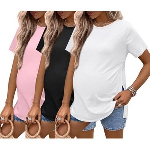 Ekouaer 3 Pack Maternity Shirts Short Sleeve Split Side Pregnancy Tops Casual Pregnant Tunic Blouse - 1 of 4
