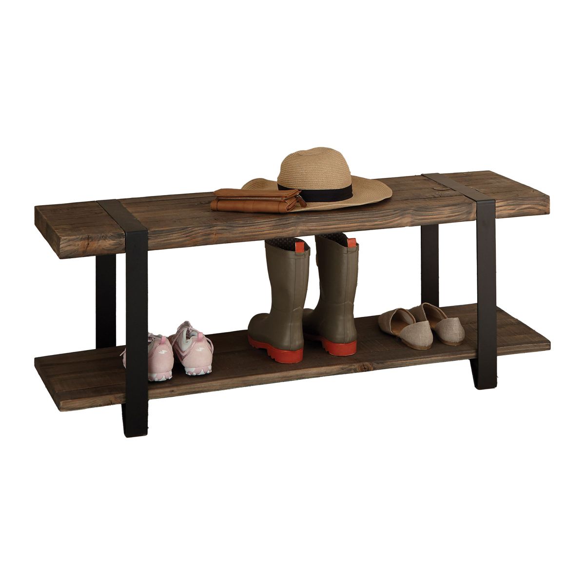 Alaterre Furniture Modesto 48 in. Solid Wood Entryway Bench with Storage Shelf, Rustic Natural Finish with Black Metal Legs and Strap Accent