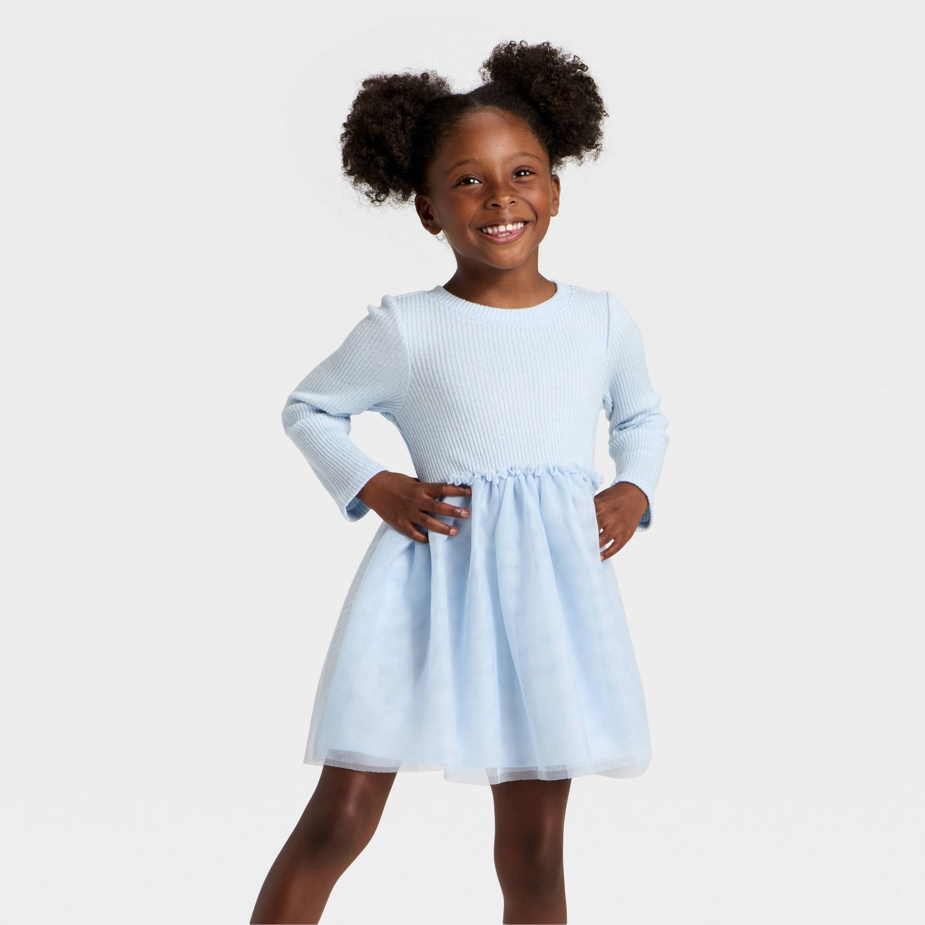 Toddler Girls' Long Sleeve Sparkle Ribbed Tulle Dress - Cat & Jack™ Blue 3T