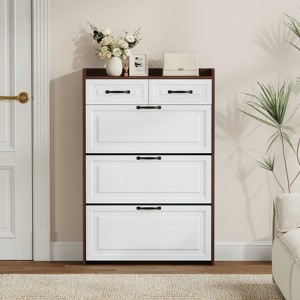 SKRAN Shoe Cabinet for Entryway,4 Tier Wood Flip Down Shoe Rack with 3 Doors 2 Drawers, Slim Shoe Storage Cabinet for Hallway - 1 of 4
