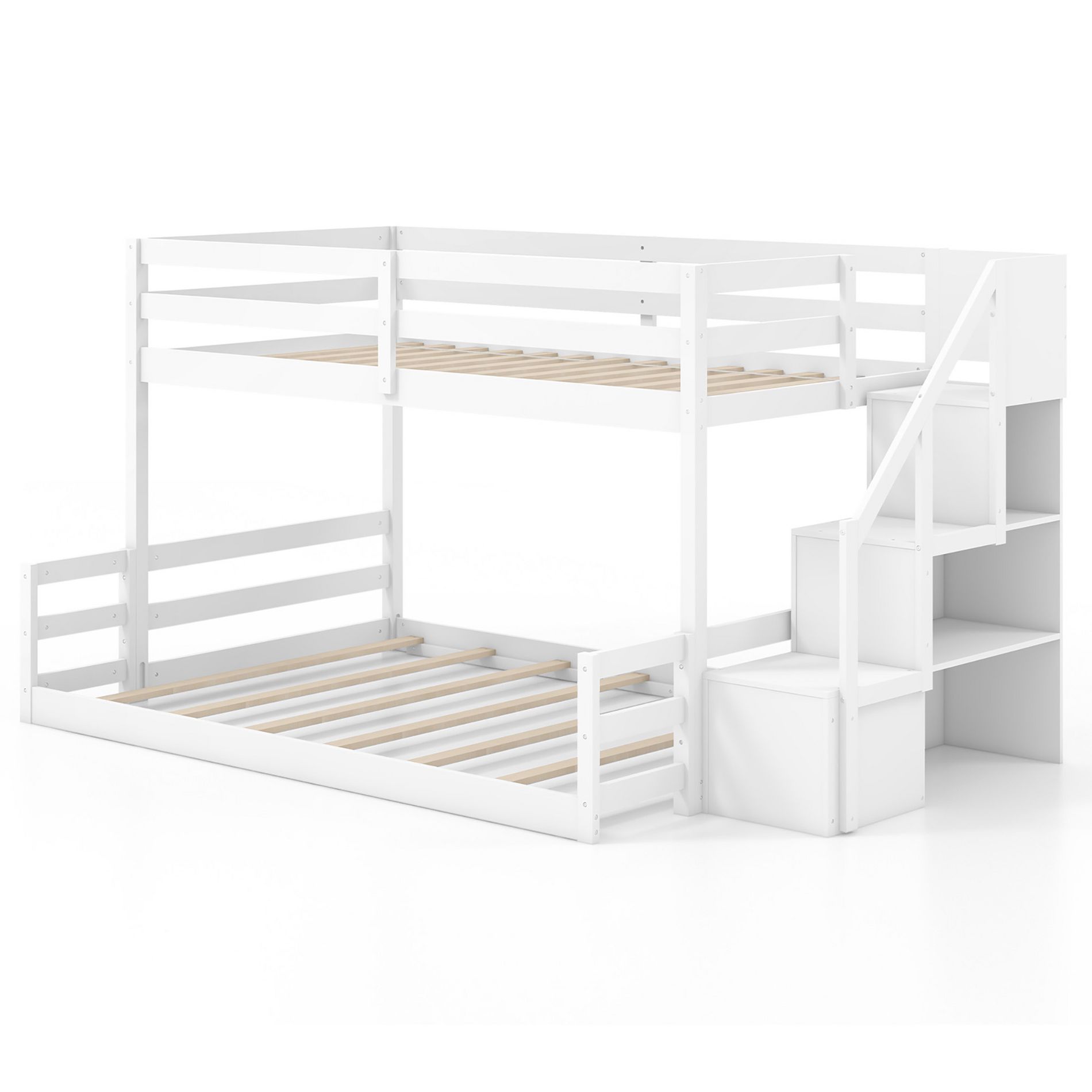 Tangkula Twin Over Full Low Bunk Bed w/ Storage Stairs w/ Full-length Guardrails