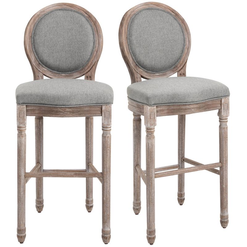 HOMCOM Vintage Bar Stools Set of 2, Wood Barstools Accent Chairs with Soft Linen Cushions & Footrest, 29.5" Seat Height, 4 of 9