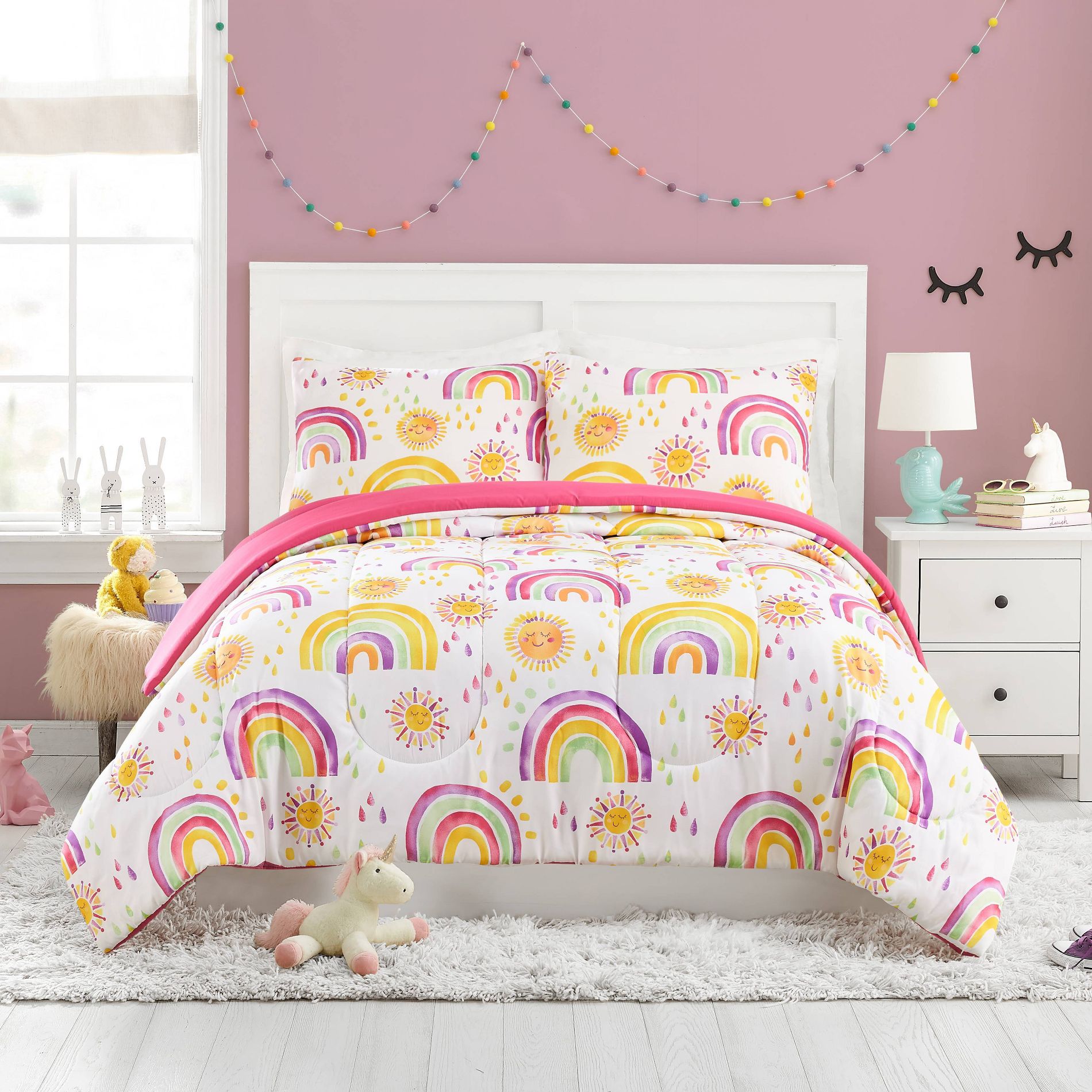 3pc Full/Queen Rainbows and Suns Kids' Comforter Set - Urban Playground: Girls Bedding, Microfiber, Pink, 2 Shams Included