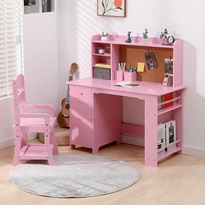 Kids Desk and Chair Set, Wooden Study Table with Storage Shelf, Bulletin Board, Children School Learning Desk Set - 1 of 4