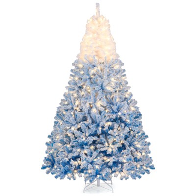 Costway 8 FT Artificial Christmas Tree with 470 Warm White LED Lights, 8 Lighting Modes & Folding Metal Stand White & Blue