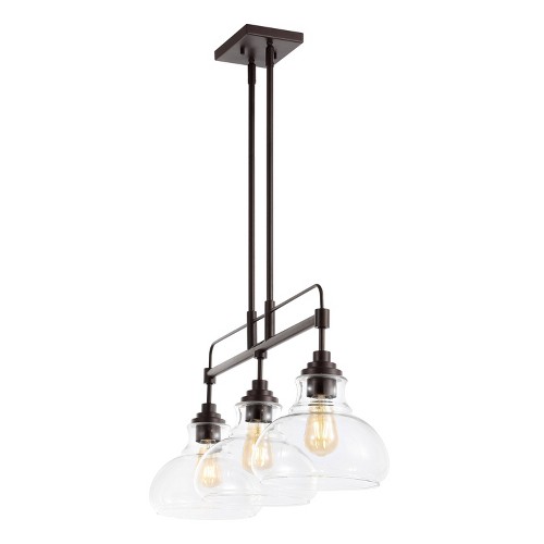 32.5" 3-Light Marlowe Farmhouse Industrial Iron/Glass Linear LED Pendant Oil Rubbed Bronze/Clear - JONATHAN Y