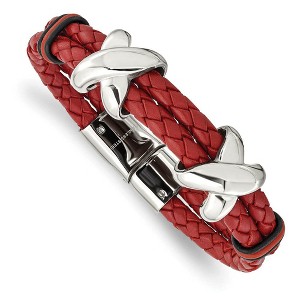Black Bow Jewelry Stainless Steel, Red Leather & Rubber X Bead Strand Bracelet, 8 Inch - 1 of 4