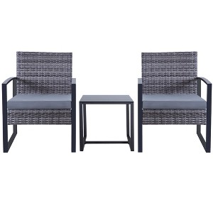 JUJABU 3 Piece Gray Wicker Outdoor Furniture Set with Cushions and Coffee Table - 1 of 4
