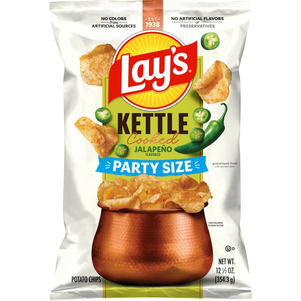 Lay's Jalapeño Kettle Cooked Potato Chips Party Size - 12.5oz: No Artificial Flavors, No Preservatives