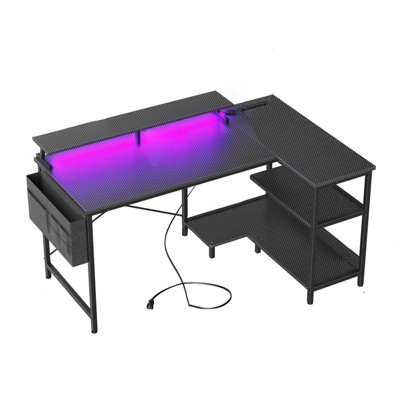 Itopfox Gaming Desk with USB Charging Ports & LED Lights, Reversible L Shaped Computer Desk with Storage Shelves & Monitor Stand, Gamer Desk Table