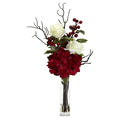 Merry Christmas Rose Hydrangea Arrangement - Nearly Natural