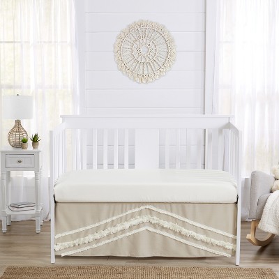 Taupe and White Linen Cotton Boho Fringe Crib Bed Skirt
