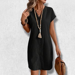 Women's Linen Blend Dress V-Neck Button Down Casual Loose Fit Midi Dress in  Solid Colors Black M : Target
