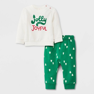 Image of Baby 2pc Jolly Fleece Graphic Top & Bottom Set - Cat & Jack™ Green Newborn